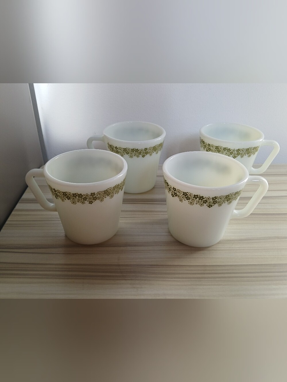 4 Vintage Pyrex Green Crazy Daisy Spring Blossom Milk Glass Coffee Cup Mug 1410